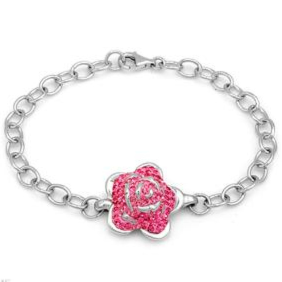 DESIGNER ROMANTIC ROSE PINK CRYSTALS SOLID .925 SILVER DANGLE EARRINGS**NEW! - Picture 3 of 5